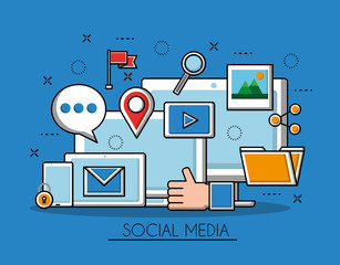 Poster - social media networks technology device hand the finger up photos camera search things vector illustration