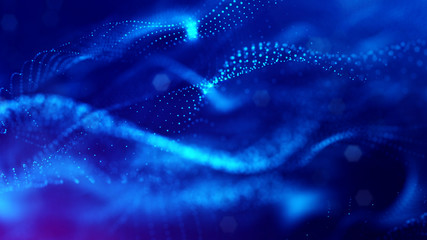 science fiction background of glowing particles with depth of field and bokeh. particles form line a