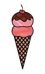 Sticker - ice cream cone cherry sweet wafer vector illustration