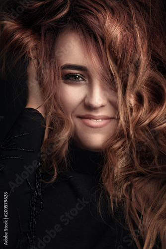 Young Cute Girl With Long Curly Red Hair And Clean Skin