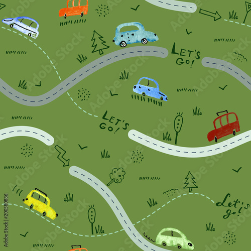 Foto-Schiebegardine Komplettsystem - Seamless pattern with small cars and road signs on green background (von Ruthenia Alba)
