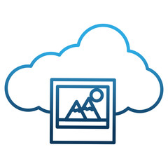 Sticker - cloud storage data photos social media vector illustration degraded color blue