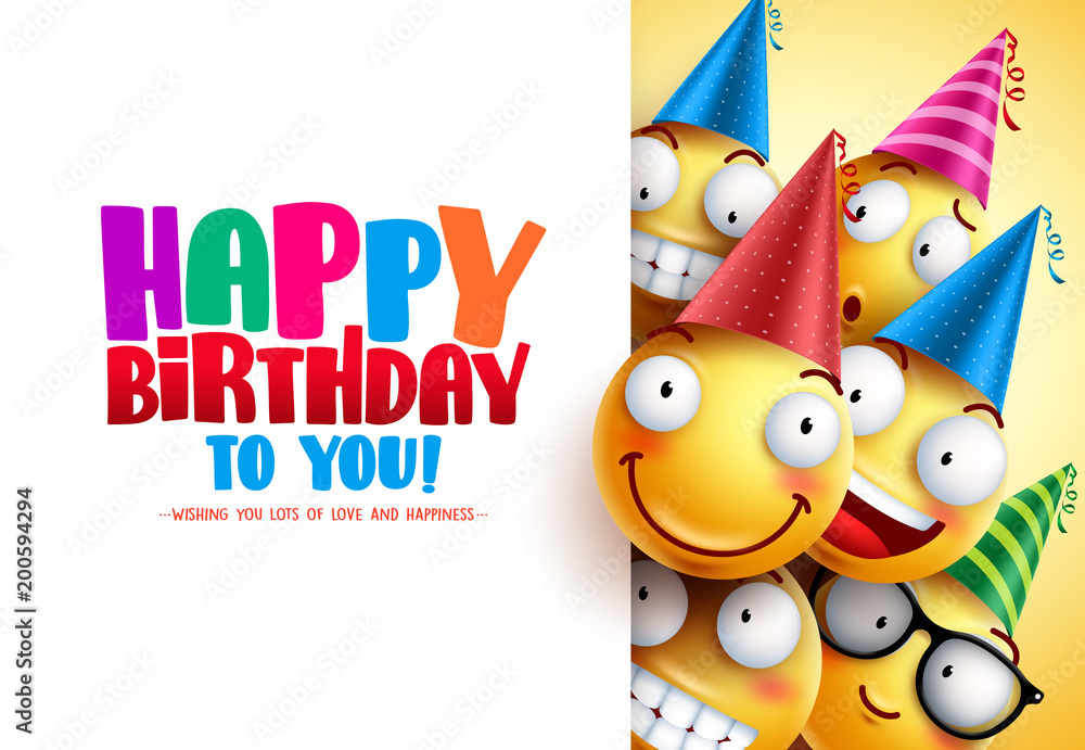 Smileys birthday vector greeting design with yellow funny and happy emotions wearing colorful party hats and happy birthday text in white empty background. Vector illustration.
 - obrazy, fototapety, plakaty 