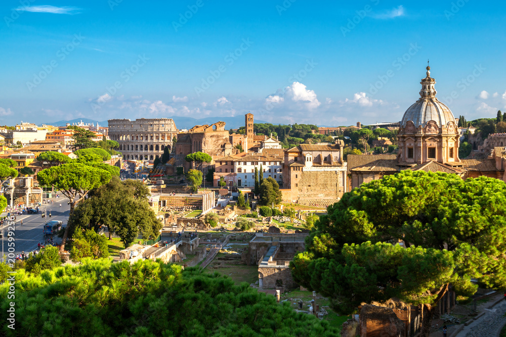 Rome Skyline with Colosseum and Roman Forum, Italy - obrazy, fototapety, plakaty 