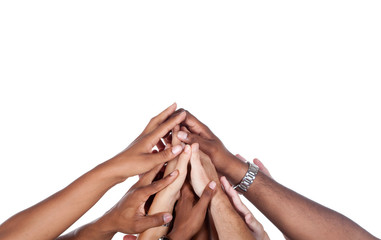 Large group of people cheering together celebrating success, hands only isolated on white background