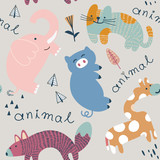 Seamless childish pattern with cute animal and hand drawn shapes. l. Vector illustration