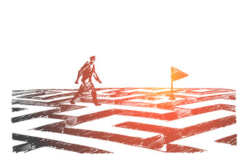 Hand drawn man walking on maze to navigation flag