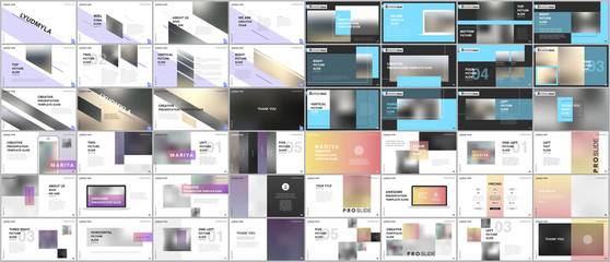 Wall Mural - Set of minimal presentations, portfolio templates. Simple elements on white and black background. Brochure cover vector design. Presentation slides for flyer, leaflet, brochure, report, advertising