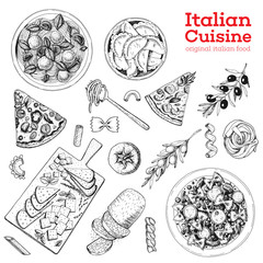 Wall Mural - Italian cuisine hand drawn set. Vintage vector illustration. Italian food sketch collection. Pasta, pizza and ravioli illustration. Engraving image.