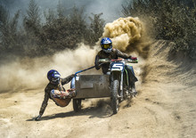 Motocross Motorbike With Sidecar Motorcycle Trailer Dust Dirt