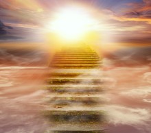  Steps Leading Up To The Sun.  Way To God .  Bright Light From Heaven .  Religious Background  . Beautiful Sky . Sunrise . Light From Sky