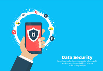 Wall Mural - Data security flat illustration concept. Smartphone with shield and lock. Flat cartoon design, vector illustration on background.