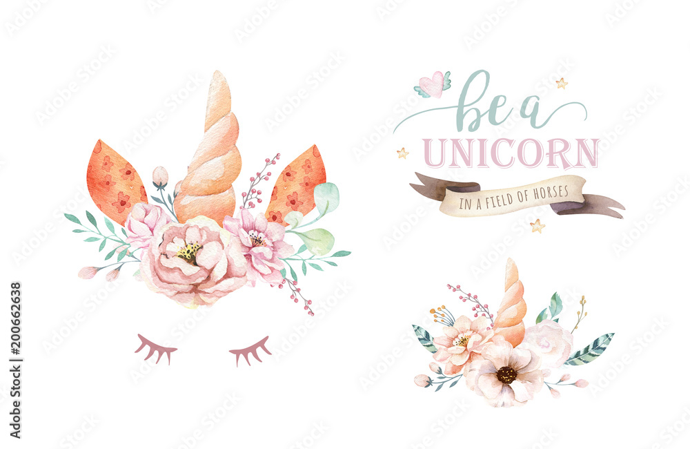 Isolated cute watercolor unicorn clipart with flowers. Nursery unicorns ...