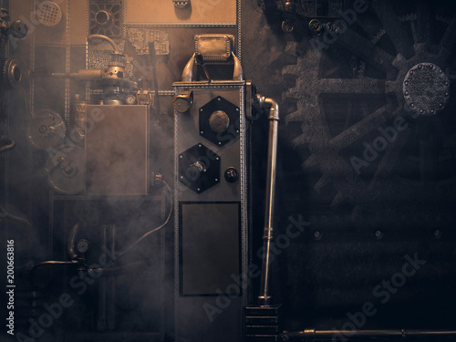 An ancient vintage wall with mechanisms in the steampunk style. Wallpaper Mural