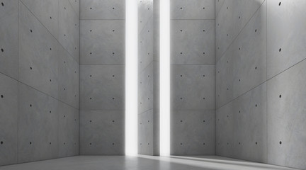 Fototapete - Abstract of architecture space with rhythm of concrete block with sun light cast shadow on the cement floor,3D render.