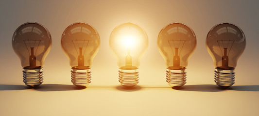 Bright lightbulbs lined up 3D rendering