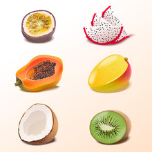 Set Of Isolated Tropical Fruits Slices. Pieces Of Passion Fruit, Pitaya, Mango, Coconut, Papaya, Kiwi Vector Illustration