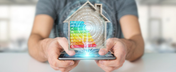 Wall Mural - businessman using 3d rendering energy rating chart in a wooden house