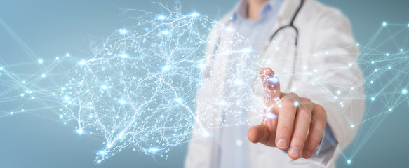 Poster - Doctor holding digital brain interface 3D rendering