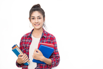 Portrait of attractive asian student ( woman ) standing holding reading a book work from home with copy space over white background. Education exam, home school preparing concept