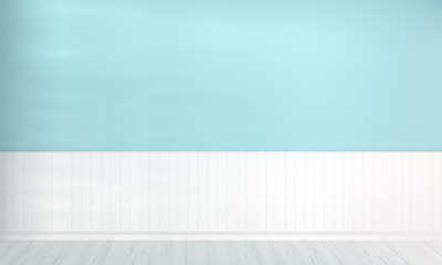 3D rendering of empty room pastel blue wall and white plank floor for advertising product.