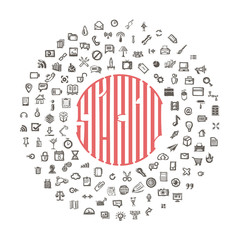 Wall Mural - The concept of a startup. Lettering in the circle of icons business themes - doodle linear style.