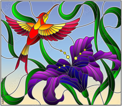 Dekoracja na wymiar  ilustracja-w-stylu-witrazu-z-jasnym-kolibrem-na-tle-nieba-lisci-i-kwiatow