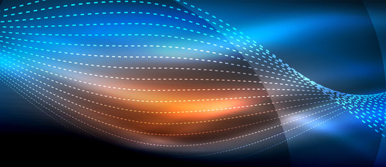 Glowing abstract wave on dark, shiny motion, magic space light. Techno abstract background