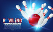 Bowling tournament poster. 3d ball and skittles composition
