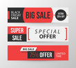 © miaoumiaou - Three horizontal Black Friday banners in retro black and red style on gray background