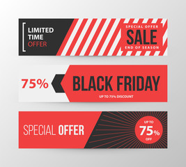 Three horizontal Black Friday banners in retro black and red style on gray background