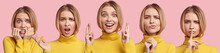 Collage With Different Emotions In One Beautiful Young Blonde Woman Dressed In Yellow Sweater. Attractive Female Expresses Fear, Discontent And Joy, Isolated Over Pink Background. Facial Expressions