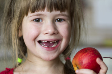 Poster - A cute little curly toothless girl smiles and holds a red apple. Portrait of a happy baby eating a red apple. The child loses milk teeth. Healthy food nutrition.