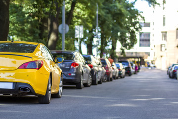 Long row of cars parking along a city road under shadow of big trees on bright summer day. Transportation, parking problems and technology concept.