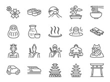 Japan Icon Set. Included The Icons As Tokyo Tower, Sakura, Geisha, Japanese Sake, Eco Car, Speed Train, Hot Spring, Castle And More