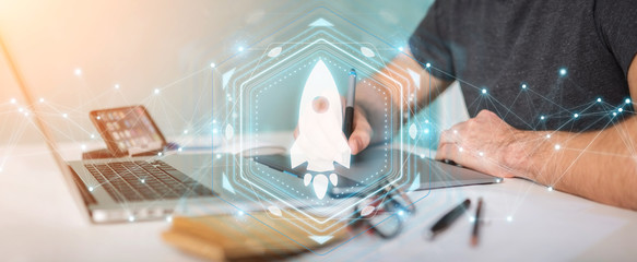 Fototapete - Graphic designer using startup digital interface 3D rendering