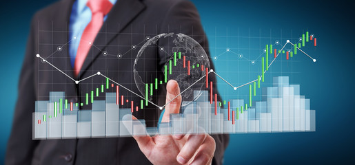 Aufkleber - Businessman using digital 3D rendered stock exchange stats and charts