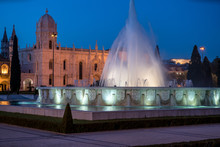 Monastery Of The Hieronymites And Fountain At Night. Lisbon, Portugal