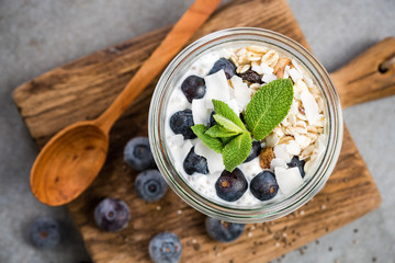 layered breakfast in jar,blueberry,chia and coconut