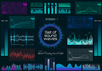 Wall Mural - Set of sound waves, futuristic style. Audio Player.  Music colorful elements for your design. Audio equalizer technology, pulse musical in HUD UI style. Vector illustration. Set elements.