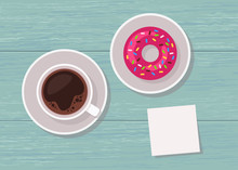 Illustration Of Top View Table With Cup Of Coffee, Donut And Blank Note For Text