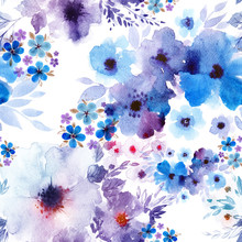 Hand Painted Artistic Composition. Anemone And Periwinkle Flowers And Leaves. Seamless Pattern. Spring Watercolor Flowers. Repeating Wallpaper Design.