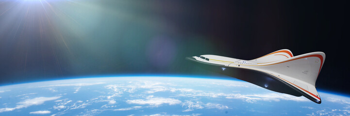 Wall Mural - modern spaceship in orbit of planet earth, shuttle orbiting the blue planet (3d science fiction rend