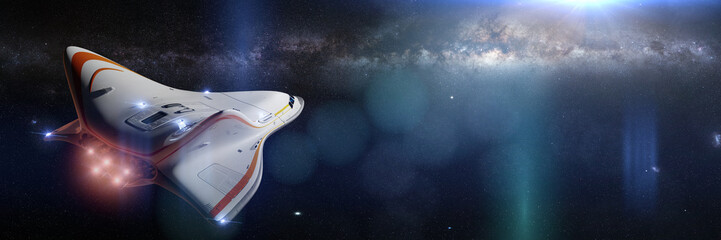 Wall Mural - futuristic spaceship in flying towards the milky way galaxy (3d science fiction illustration banner)
