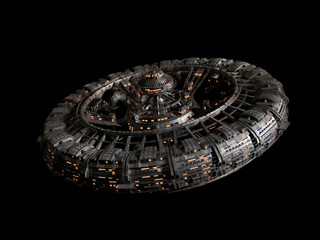 Wall Mural - futuristic space station isolated on black background, high detail spaceship disc (3d science fictio