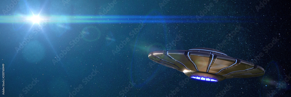 UFO, alien spaceship in outer space, flying saucer with stars of the ...