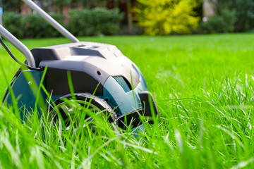 Wall Mural - Scarifier on green grass. Work in the garden. scarifier