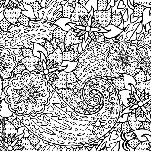 Hand Drawn Seamless Pattern With Leaves And Flowers Doodles