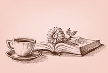 Reading A Book Conceptual Drawing. A Flower On A Book And A Cup Of Coffee Study Stand