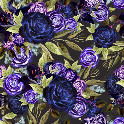 Beautiful watercolor pattern with flowers rose and lily, eucalyptus leaves.